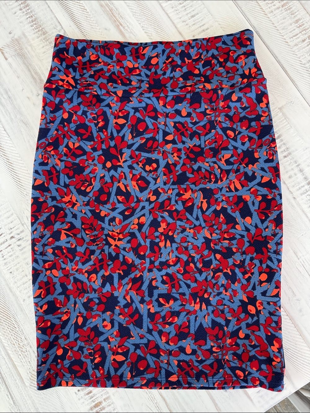 LuLaRoe Blue Floral Pencil Skirt with Red Accents